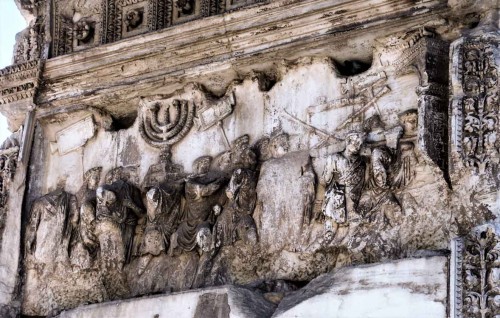 Rabunek świątyni jerozolimskiej, relief na łuku triumfalnym cesarza Tytusa, Forum Romanum