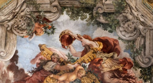 Triumph of Divine Providence, the allegory of Rome puts on the papal tiara, Religion holds St. Peter’s keys, Pietro da Cortona, Palazzo Barberini