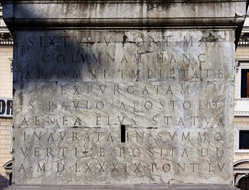 Column of Marcus Aurelius, inscription on the pedestal commemorating Pope Sixtus V, Piazza Colonna