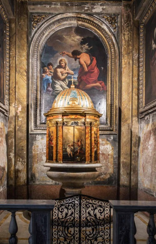 Basilica of Sant'Andrea delle Fratte, wooden baptismal pool from the XVII century, The Baptism of Christ in the background, L. Gimignani