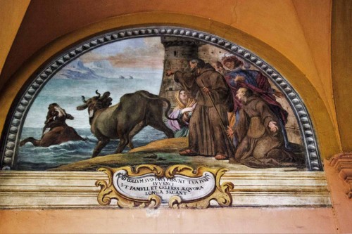 Basilica of Sant'Andrea delle Fratte, one of the lunettes in the monastery cloisters telling the story of the friars who live here