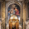 Basilica of Sant'Andrea delle Fratte, wooden baptismal pool from the XVII century, The Baptism of Christ in the background, L. Gimignani