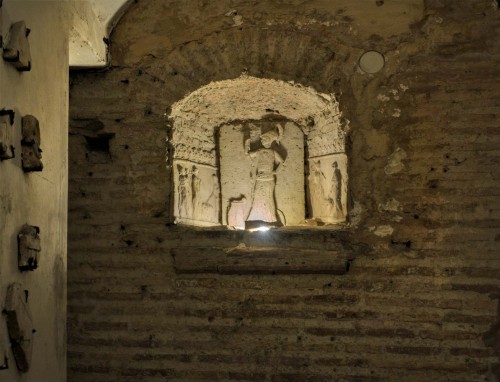 Underground of the Basilica of Santa Cecilia, relief depicting Minerva – guardian of the home