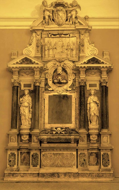 Portico of the Basilica of Santa Cecilia, tombstone of Cardinal Paolo Sfondrati