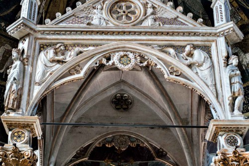 Church of Santa Cecilia, ciborium in the apse, Arnolfo di Cambio, at the base figure of St. Cecilia and Valerian