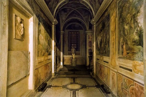 Basilica of Santa Cecilia, corridor leading to the so-called Chapel of the Bath of St. Cecilia, paintings by Paul Brill, figure of St. Sebastian – Stefano Maderno