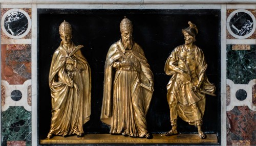 Church of Santa Cecilia, reliefs decorating the statue of St. Cecilia, including pope Urban, Stefano Maderno