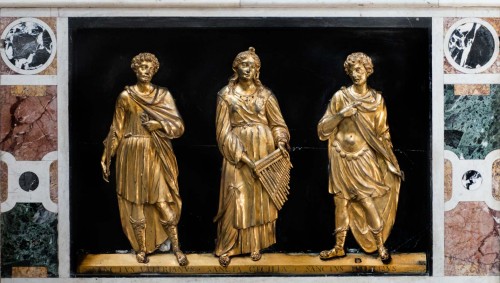 Church of Santa Cecilia, reliefs decorating the statue of St. Cecilia with images of Cecilia, Valerian, Tiburtius, Stefano Maderno