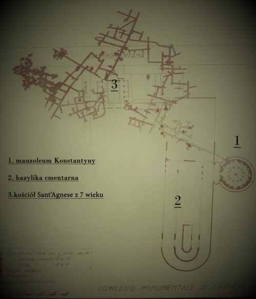 Plan of the so-called Caementarium Agnese with the outline of the cemetery basilica and the Mausoleum  Constantina which is a part of it, via Nomentana