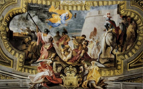 Sant'Ignazio, scena ukazująca rannego Ignacego Loyolę pod Pampeluną - początek jego drogi duchowej, strop prezbiterium, Andrea Pozzo