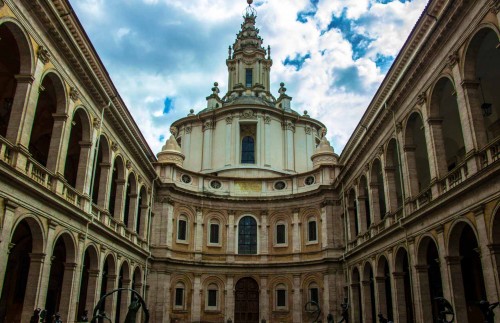 Church of Sant’Ivo alla Sapienza, courtyard of the old La Sapienza University and the church façade, Francesco Borromini and Giacomo della Porta