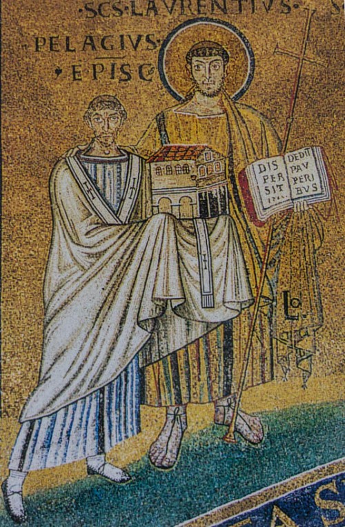 Basilica of San Lorenzo fuori le mura, fragment of a mosaic with St. Lawrence and Pope Pelagius II