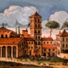 Basilica of San Lorenzo fuori le mura, view of the church from the beginning of the XVII century, fragment of the decoration of the secretary desk from Museo di Roma, Palazzo Braschi