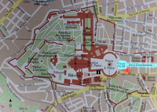 Map depicting location of the church (marked in red), former Piazza Rusticucci is the present-day Piazza Pio XII