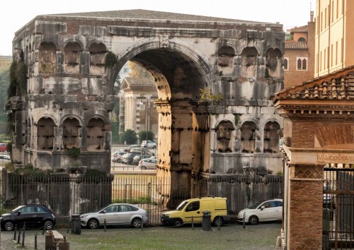 Arch of Janus seen from the Church of San Giorgio in Velabro, Temple of Portunus in the background