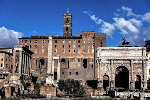 Triumphant arch of Emperor Septimius Severus seen from the Forum Romanum, Capitoline Hill in the background