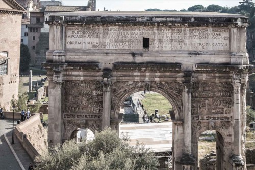 Triumphant arch of Emperor Septimius Severus seen from Capitoline Hill, reliefs (on both sides) commemorating the emperor’s expeditions against the Parthians