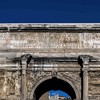 Triumphant arch of Emperor Septimius Severus seen from the Forum Romanum, inscription commemorating the emperor