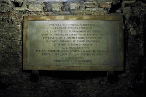 Inscription plate commemorating the deposition of the relics of the holy martyrs, crypt of the Church of San Marco