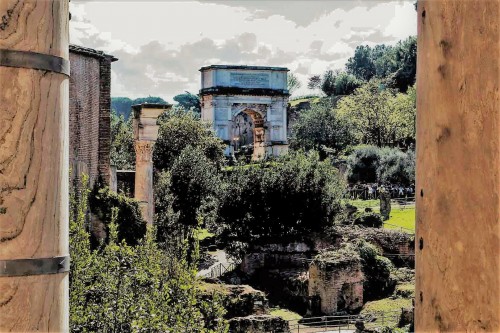 Triumphant arch of Emperor Titus seen from the level of the present-day Church of San Lorenzo in Miranda, Forum Romanum