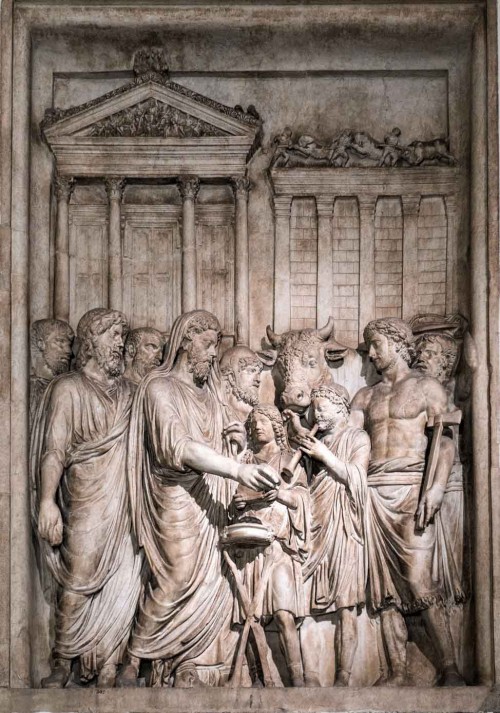 Emperor Marcus Aurelius making a sacrifice to the gods in front of the Temple of Jupiter, relief from the unpreserved monument of the emperor, Musei Capitolini