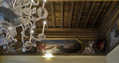 Palazzo Pamphilj, Room of Bacchus, The Meeting of Bacchus and Ariadne on the Island of Naxos, in the corner putto with a cardinal’s  hat, Andrea Camassei