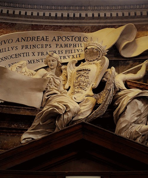 Church of Sant’Andrea al Quirinale, inscription commemorating the foundation of the church by Camillo Pamphilj