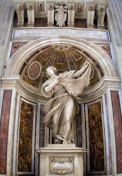 St. Veronica, figure in the pillar supporting the dome of St. Peter’s Basilica – foundation of Pope Urban VIII,  at the base the Barberini coat of arms