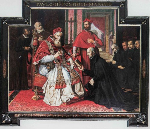 Il Gesù, wizerunek papieża Pawła III z klęczącym  przed nim Ignacym Loyolą i jezuitami, Stara Zakrystia