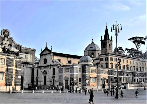 Basilica of Santa Maria del Popolo, church façade along with the buildings of the old monastery