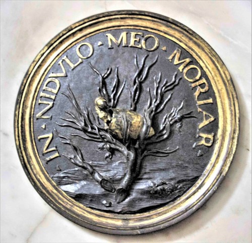 Basilica of Santa Maria del Popolo, funerary monument of the architect Gian Battista Gisleni, bronze medallion with a representation of a cocoon, fragment