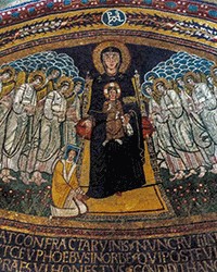 Basilica of Santa Maria in Domnica, apse mosaics – The Enthroned Madonna with Child among archangels