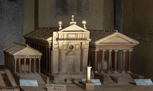 Basilica of San Nicola in Carcere, model depicting three temples which had existed here before – of Juno (in the middle) Spes and Janus