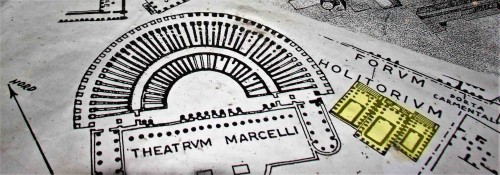 Basilica of San Nicola in Carcere, map of ancient Rome with three temple at Forum Holitorium (in yellow)