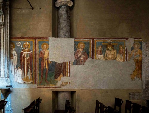 Basilica of Santi Quattro Coronati, frescoes – St. Bernard, bishop, St. Bartholomew, Christ among Angels, next to him S.S. Peter and Paul