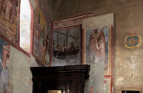 Basilica of Santi Quattro Coronati, wall of the left nave, The Barque of St. Peter and an unknown saint, frescoes from the XIV century