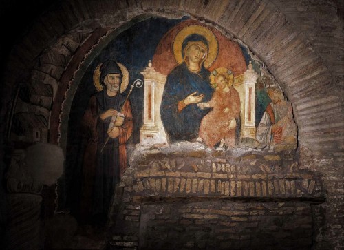 Basilica of San Saba, fresco of the fourth nave – Madonna and Child with St. Sabbas and St. Andrew (partially preserved)