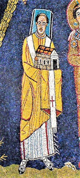 Church of Santa Prassede, mosaic in the apse, fragment, Pope Paschalis I with the model of the church