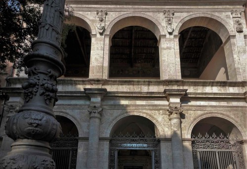 Renaissance loggia of the Church of San Marco with the coats of arms of the Barbo family and an image of St. Marc