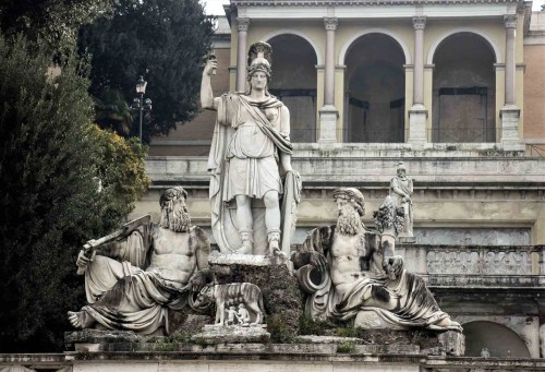 Piazza del Popolo, the goddess Roma and the personifications of Tiber and Arno – eastern side of the square