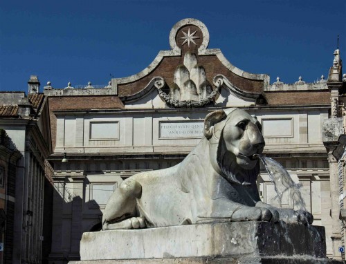 Piazza del Popolo, Lion from the fountain at the Flaminio Obelisk, Porta del Popolo in the background