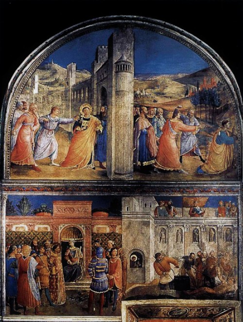 Fresk z przedstawieniem wypędzanego i kamienowanego Szczepana, Fra Angelico, kaplica Mikołaja V, pałac Apostolski, zdj. Wikipedia