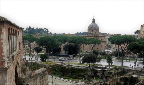 Via dei Fori Imperiali, view from the Forum of Trajan, Church of Santi Luca e Martina in the background