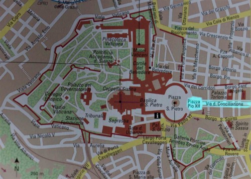 Map showing via della Conciliazione and Piazza Pio XII – created from the old spina del Borgo