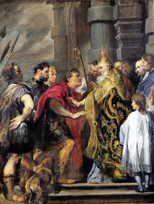 Bishop Ambrose bars Emperor Theodosius from entering the cathedral in Milan, Antoon van Dyck, pic. Wikipedia