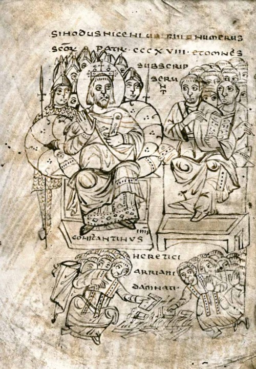 Emperor Constantine at the Council of Nicaea, medieval manuscript, pic. Wikipedia