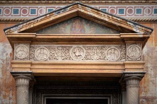 Basilica of Santa Pudenziana, lintel of the enterance portico into the church with medieval reliefs