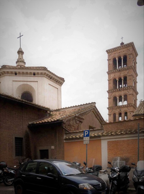 Basilica of Santa Pudenziana seen from via Cesare Balbo, top of the dome and the bell tower