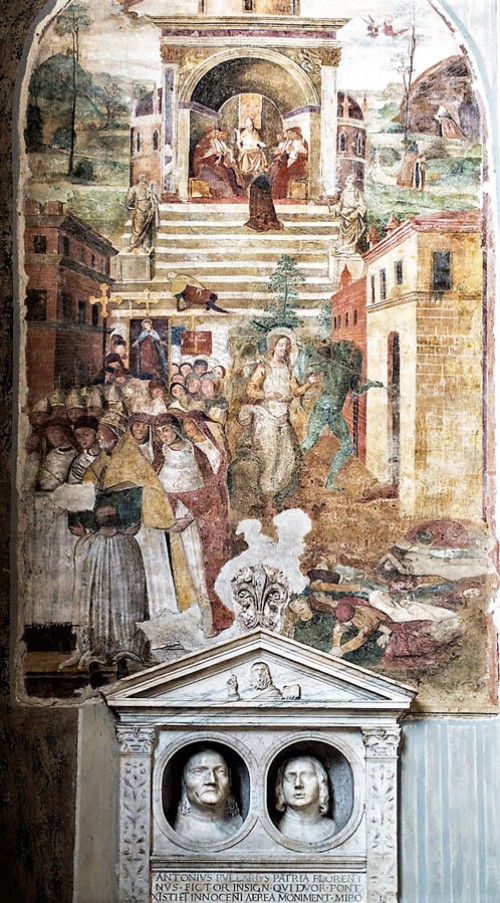 Basilica of San Pietro in Vincoli, fresco – Procession in the intention of freeing from the plague and the tombstone of Antonio and Pier Pollaiuolo