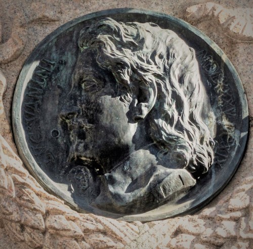 Statue of Giordano Bruno, medallion with the image of L. Vanini and a barely visible miniature of M. Luther